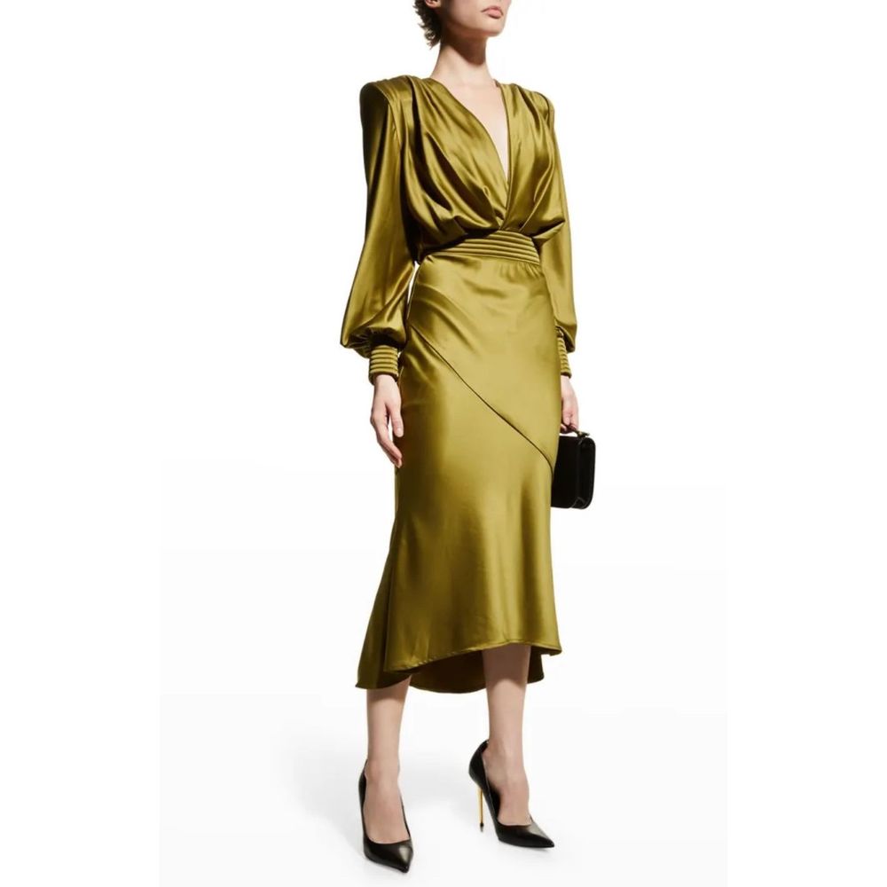 ZHIVAGO Betsy Midi Dress Size US 8 Medium Long Sleeve Green Khaki Silk NWT